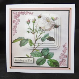 Roses Thinking of you Card, White Rose With Sympathy 3d Decoupage Card, Handmade in UK