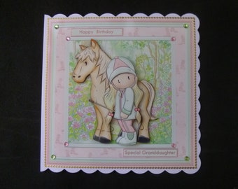 Little Girl and her Pony Birthday Card, Personalised Horse Rider Card, Handmade in UK