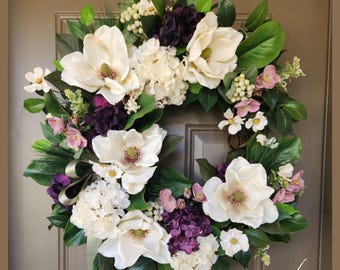 XL Summer Wreath SOUTHERN CHARM Cream and Purple Magnolia and Hydrangea Wreath for front door/Porch décor. High-end Florals and Foliage 29+"