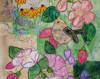 Printed pattern for the secret garden block 3 goldcrest roses quilt raw edge applique tutorial free motion embroidery