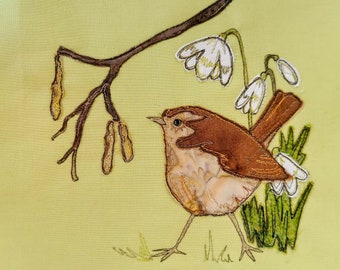 Printed pattern for spring awakening series wren snowdrop raw edge applique tutorial free motion embroidery