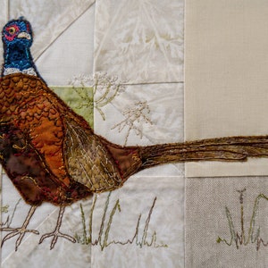 Printed pattern for Highlands quilt block 1 Pheasant and wild grasses raw edge applique tutorial free motion embroidery