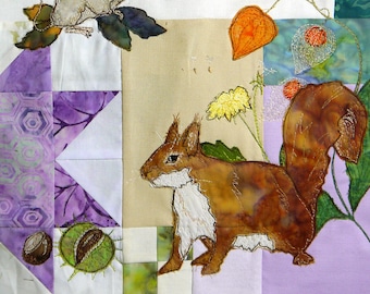 Printed pattern for Block of the month 8 kestrel, mouse, squirrel raw edge applique tutorial free motion embroidery