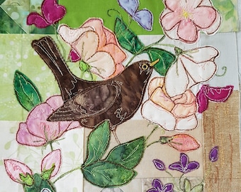 PDF pattern for the secret garden block 2 blackbird roses quilt raw edge applique tutorial free motion embroidery