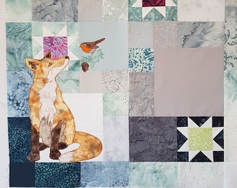 PDF pattern for the Winter Hedgerow Block 1 robin  fox quilt raw edge applique tutorial free motion embroidery