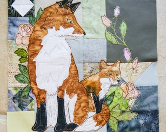 PDF pattern for Block of the month 4 foxes and fox cubs roses hedgehog slug raw edge applique tutorial free motion embroidery