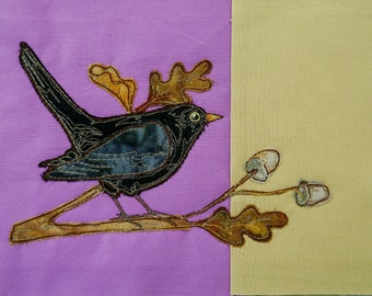 Printed pattern for Winter Blackbird raw edge applique tutorial free motion embroidery