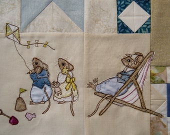 PDF pattern for Beside the seaside Victorian Mice kite flying deck chair raw edge applique tutorial free motion embroidery