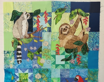 Full printed pattern set Rainforest Fiesta applique sloth parrot lemur toucan