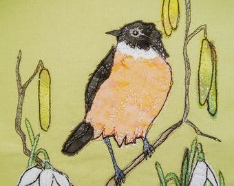 PDF pattern for Stonechat and Snowdrops raw edge applique tutorial free motion embroidery