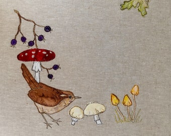 Fabric kit and Printed pattern for Autumn Wren panel raw edge applique tutorial free motion embroidery