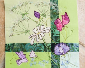 Pdf pattern for early summer sweet pea flowers cows parsley 12" square raw edge applique tutorial free motion embroidery