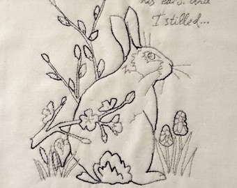 PDF Red work 2 Rabbit and blackthorn blossom pattern wildlife hand sewing Raggedy Ruff Embroidery spring