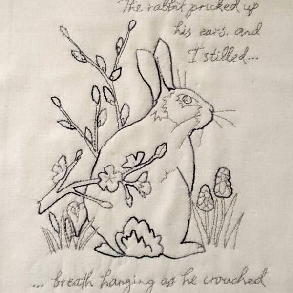 PDF Red work 2 Rabbit and blackthorn blossom pattern wildlife hand sewing Raggedy Ruff Embroidery spring