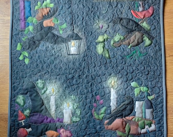 Original art for sale 'murder of crows"   24 by 24" Wall hanging embroidered textile art spooky gothic vibes