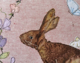 Printed pattern for summer hare with flowers raw edge applique free motion embroidery