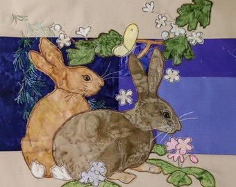 Printed pattern for A Study in Lilac block 7 rabbit pair raw edge applique tutorial free motion embroidery