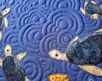 Fabric kit and Printed ocean sea turtles 12" pattern raw edge applique tutorial free motion embroidery