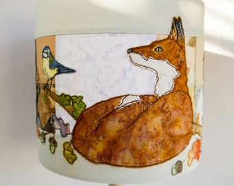 Printed pattern for Fox and Owl neutral  purple grey lampshade raw edge applique free motion embroidery