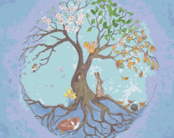 Tree of life in blue Cross stitch pattern - pattern keeper - 250 by 250
