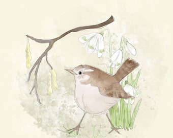 Spring Awakening series wren printed panel on quilting cotton 30. 5 by 30. 5cms