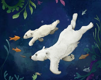 Pre -order swimming lesson polar bear cub printed panel on quilting cotton 30.5 by 30.5 cms