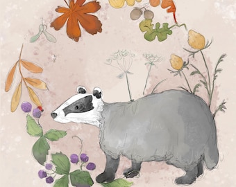 Pre-order autumn badger printed panel on quilting cotton 30.5 by 30.5 cms