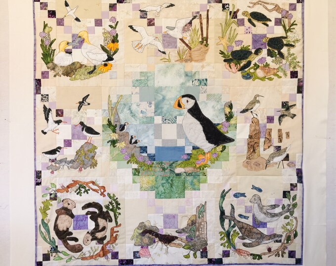 Featured listing image: Block of the month with Fabric & Printed pattern for the Coastal Path quilt raw edge applique tutorial free motion embroidery