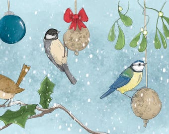 Pre -order winter scene with British birds printed panel on quilting cotton 30.5 by 91.5cms