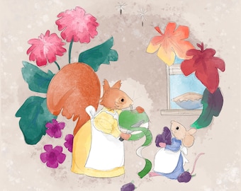 Pre-order Fabric panel autumn baking pies squirrel miss poppy & Florrie mouse  on taupe 30.5 cm square quilting cotton