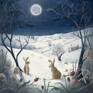 Pre -order winter scene with hares printed panel on quilting cotton 30.5 by 30.5 cms