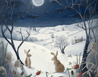 Pre -order winter scene with hares printed panel on quilting cotton 47 by 47 cms