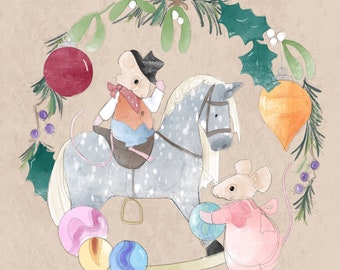 Christmas card Toy Shop Window rocking horse cowboy mouse marbles mice foliage on light taupe 145mm square blank inside