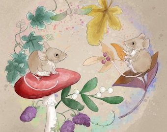 Pre -order autumn mice toadstool printed panel on quilting cotton 30.5 by 30.5 cms