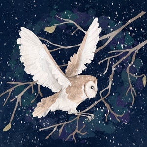 Panneau imprimé Hibou d&#39;hiver sur coton pour matelassage 30 x 30 cm