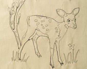 Red work 10 Fawn and blossom PDF pattern wildlife hand sewing Raggedy Ruff Embroidery