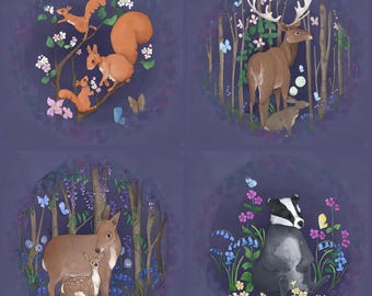 Pre -order spring bluebell woods first set of 4 printed panel on quilting cotton each 30.5 by 30.5 cms