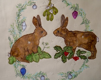 PDF pattern for Christmas hares raw edge applique tutorial free motion embroidery