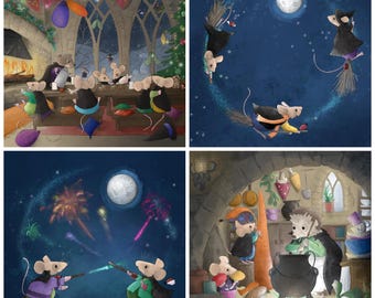 Pre-order set of 4 Fabric panel nutnegs school young wizards and witches mice 30.5 cm squares quilting cotton
