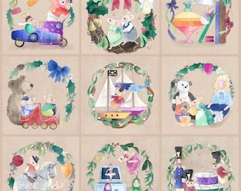 Pre -order Christmas toy shop window printed panels,  one of 9bdesigns each 30. 5 by 30.5 cms quilting cotton