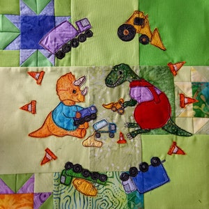 Pdf pattern for Dinosaurs with diggers t-rex triceratops 12&quot; square raw edge applique tutorial free motion embroidery