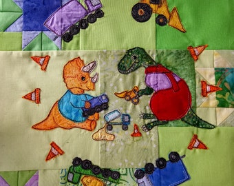 Pdf pattern for Dinosaurs with diggers t-rex triceratops 12" square raw edge applique tutorial free motion embroidery