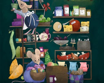 Conkerley village shop mice printed panel on quilting cotton47 by 47 cms