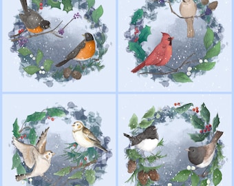Printed fabric panel set: American birds winter  one of each design on quilting cotton 30.5 by 30.5 cms