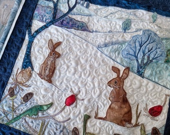 Fabric kit and Printed pattern for "rabbity winter scene"  raw edge applique tutorial free motion embroidery