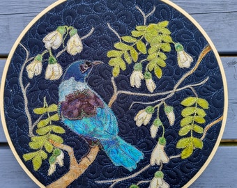 Printed pattern for "Tui and Kowhai tree"  New Zealand raw edge applique tutorial free motion embroidery