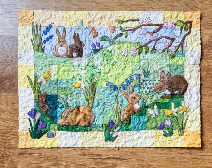 Featured listing image: PDF pattern set Spring bunny glade  quilt raw edge applique