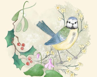 Pre-order Fabric panel winter bluetit cream 30.5 cm square quilting cotton