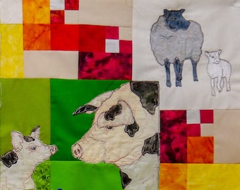 Printed pattern Farmyard Rainbow Block 4  Pigs and sheep (Free motion embroidery, raw edge applique, quilt)