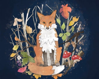 Pre-order Autumn forest fox printed panel on quilting cotton 30.5 by 30.5 cms